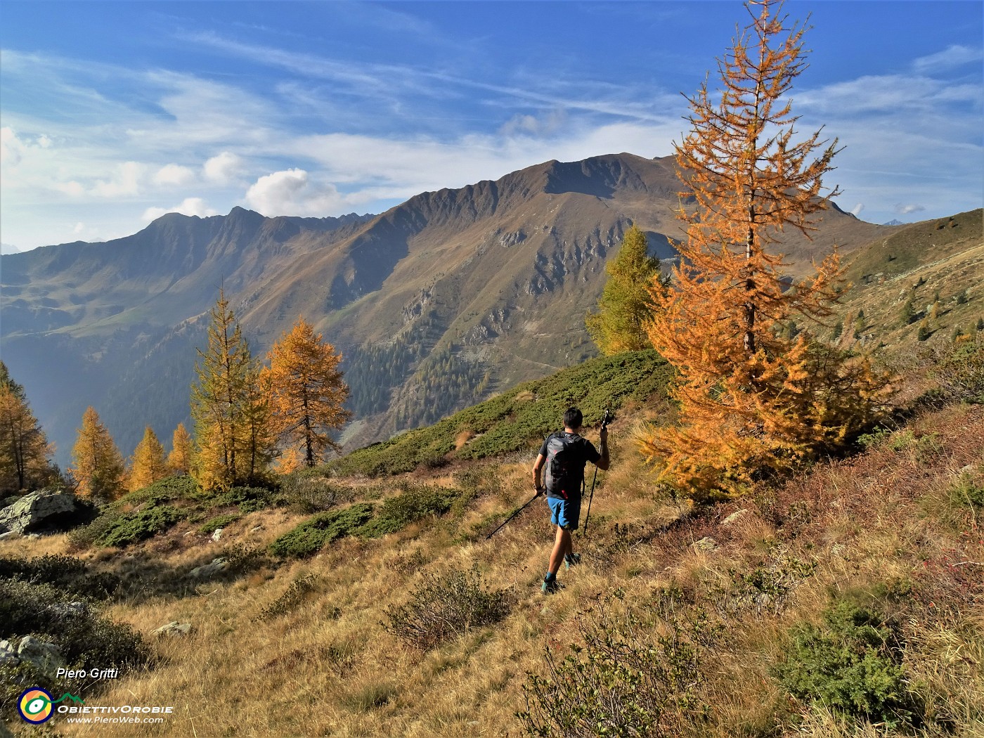 63 Varie vie di discesa, scegliamo quella di sx alle pendici boscose dell'Arete tra larici colorati d'autunno.JPG